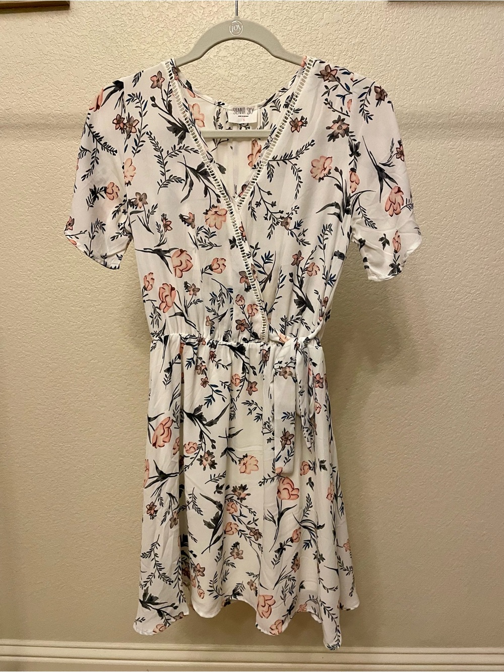Sienna Sky White Floral Wrap Mini Dress with Peach and Navy